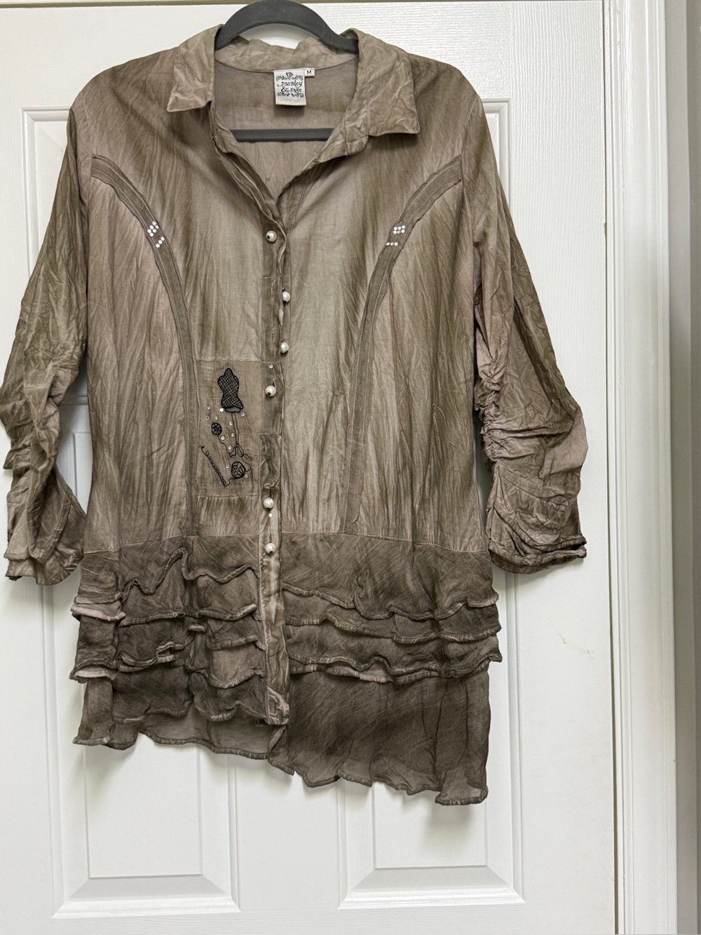 Parsley & Sage Neutral Taupe Sheer Button Blouse